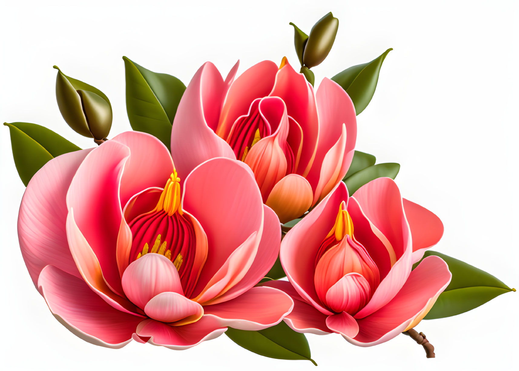 Pink magnolia flowers with green leaves on white background.