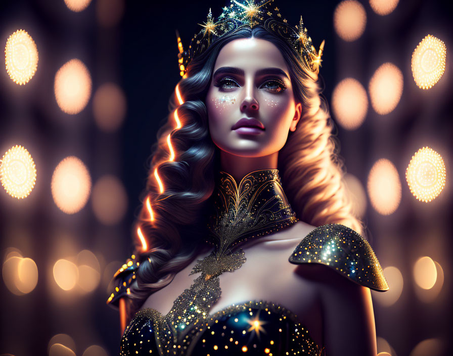 Regal woman in gold crown and armor under soft glowing lights