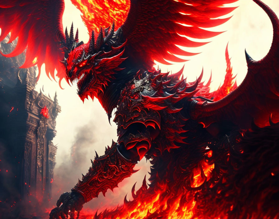 Fiery red dragon with glowing scales and multiple heads in smoky ruins
