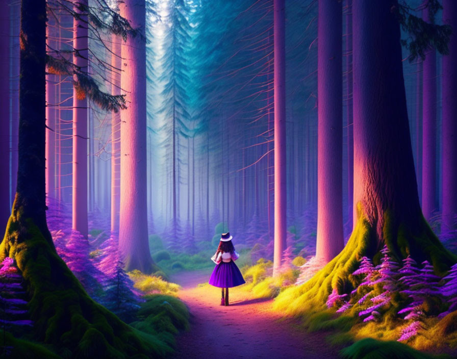 Person in Hat Walking Down Forest Path Surrounded by Tall Trees