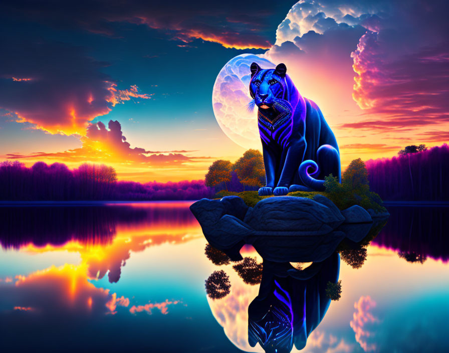 Mystical neon-blue tiger on rock with water reflection at vibrant sunset.