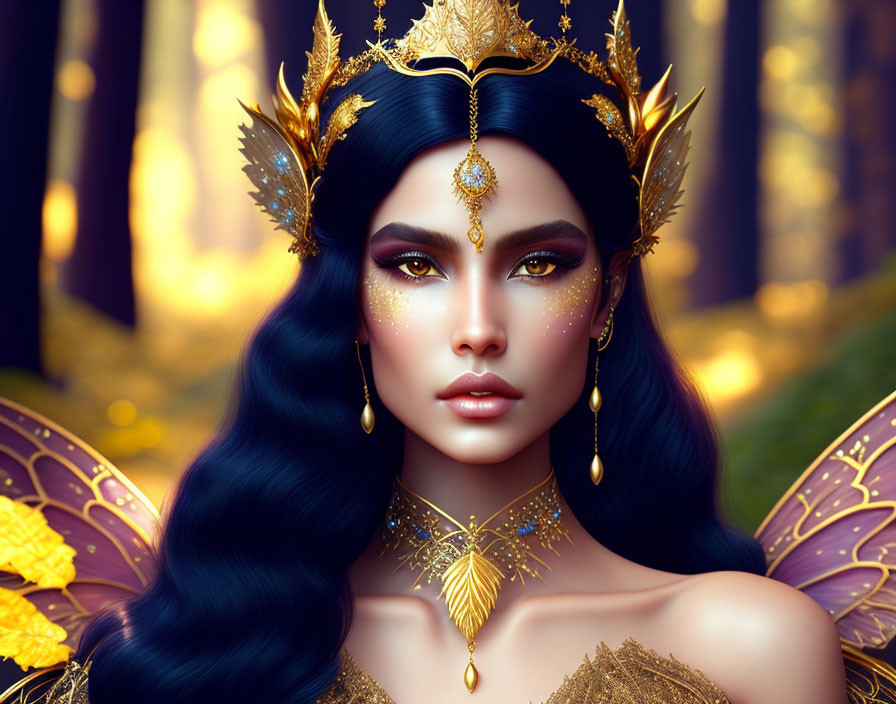 Fantasy portrait of a woman with dark hair, golden crown, butterfly wings, in autumn forest