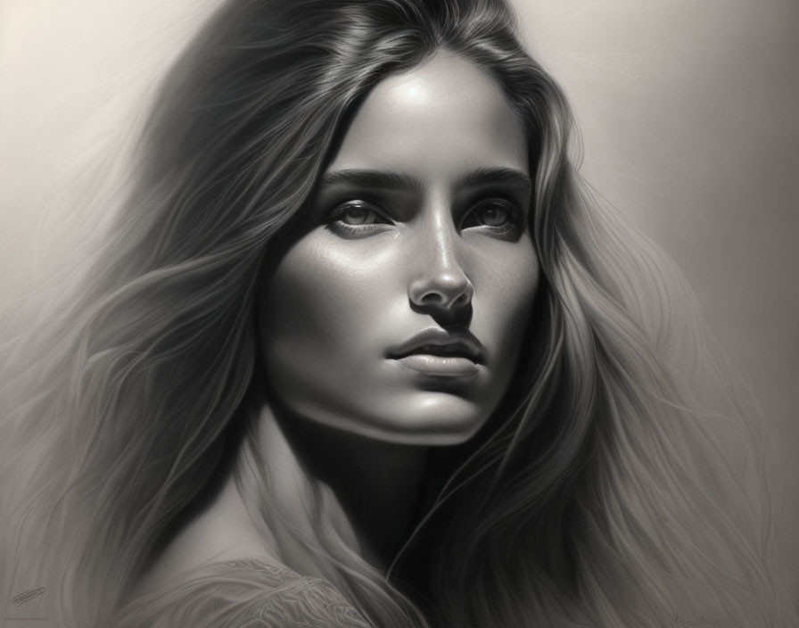 Monochromatic portrait of a woman with flowing hair and deep gaze