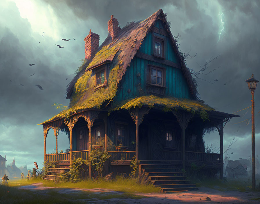 Moss-covered two-story house under stormy sky with lightning and birds