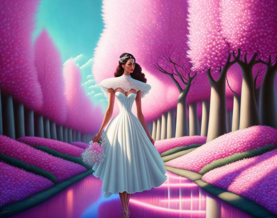 Illustrated woman in vintage white dress walking by pink trees and river