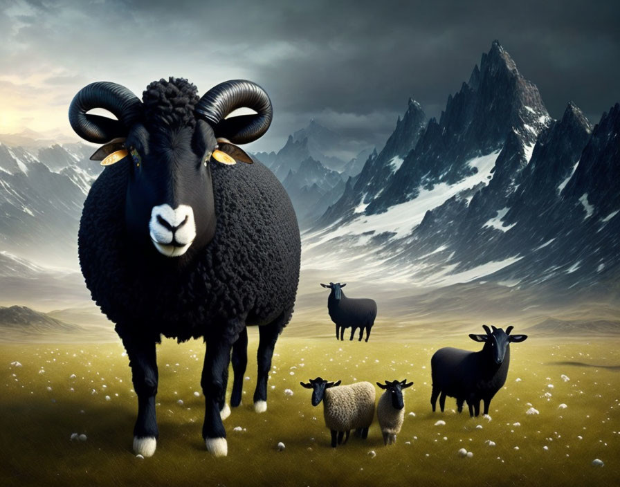 Black sheep with horns in field, surrounded by sheep, mountains, stormy sky