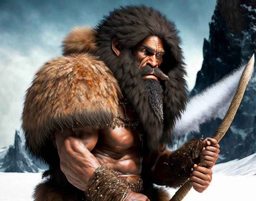 Fictional caveman in fur clothing with spear against snowy mountain