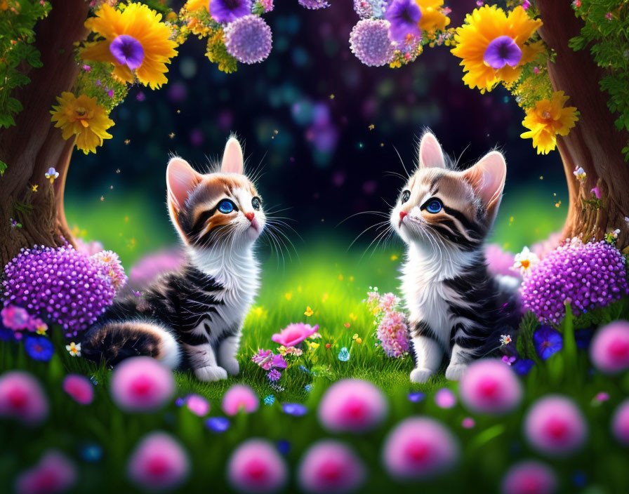 Two kittens in a garden with flowers and magical glow