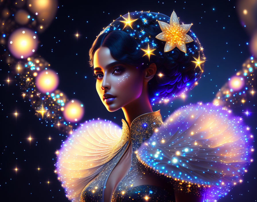 Digital Artwork: Woman with Luminous Starry Hair Accessory and Glowing Orbs