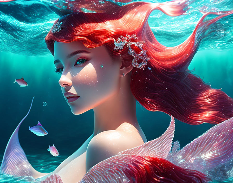 Fiery red-haired mermaid adorned with sparkling jewelry underwater