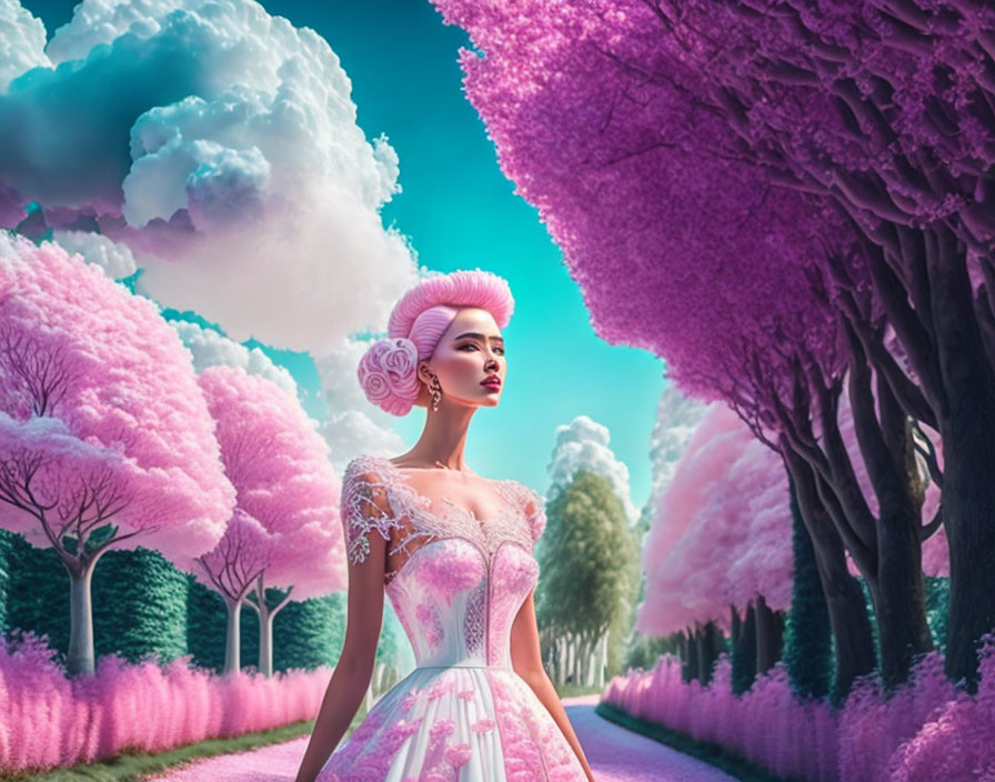 Woman in elegant dress on vibrant path with pink trees under blue sky