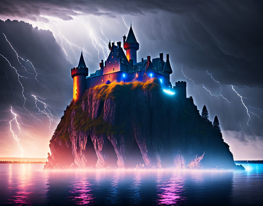 Majestic castle on rugged cliff in stormy sky with lightning and reflective water
