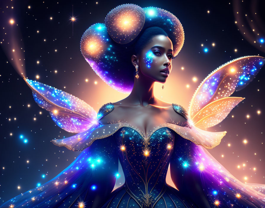 Digital illustration of woman with cosmic theme: starry halo, glowing butterfly wings, luminous dress