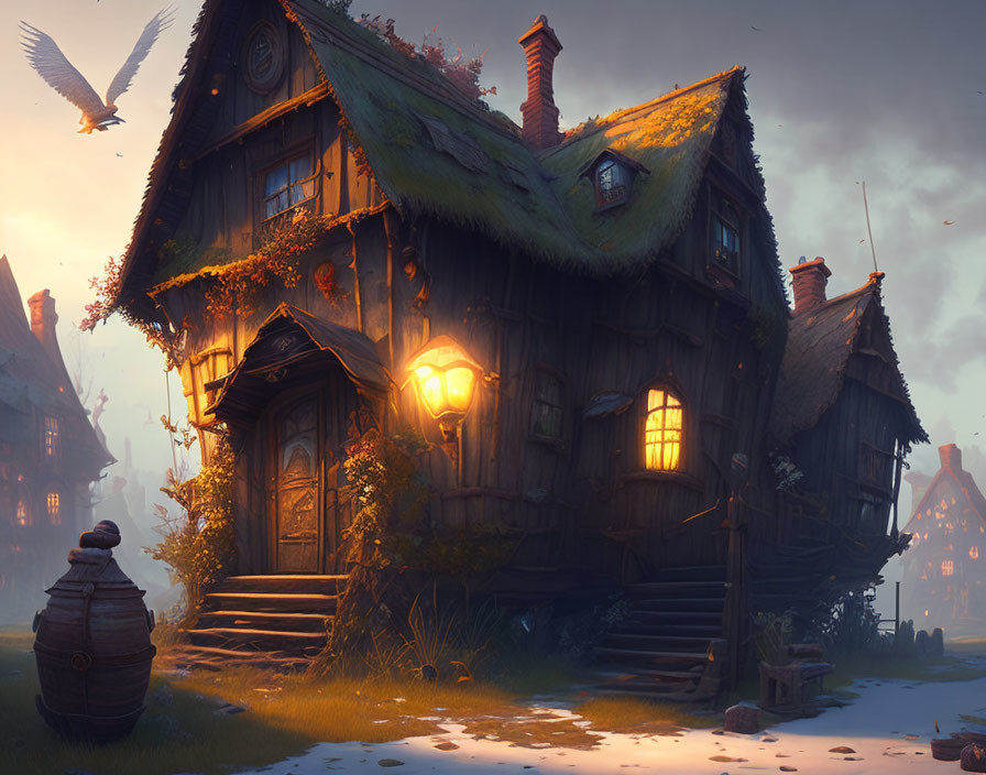 Twilight scene: Cozy cottage with glowing windows in peaceful village
