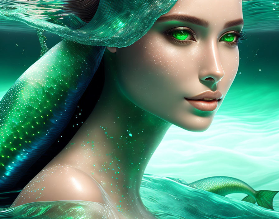 Digital Artwork: Woman with Green Sparkling Skin and Ocean Wave Hair