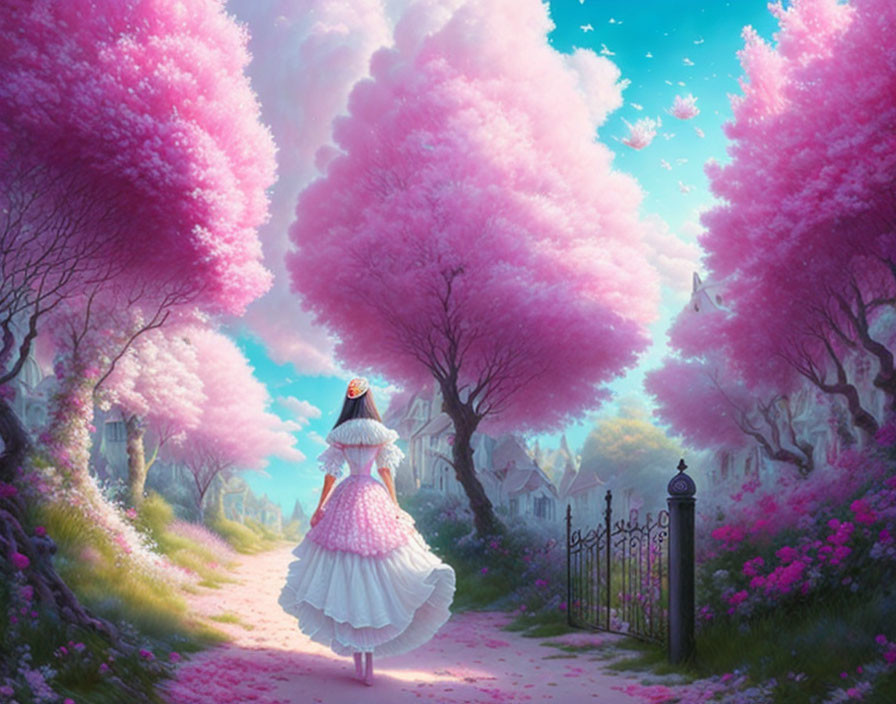 Girl in white dress strolling past pink trees towards dreamy village