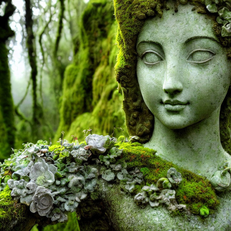 Stone statue of woman's face covered in moss and lichen in forest landscape