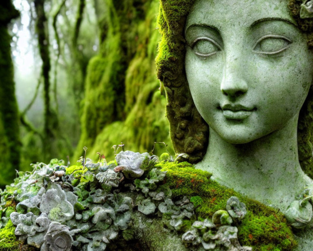 Stone statue of woman's face covered in moss and lichen in forest landscape