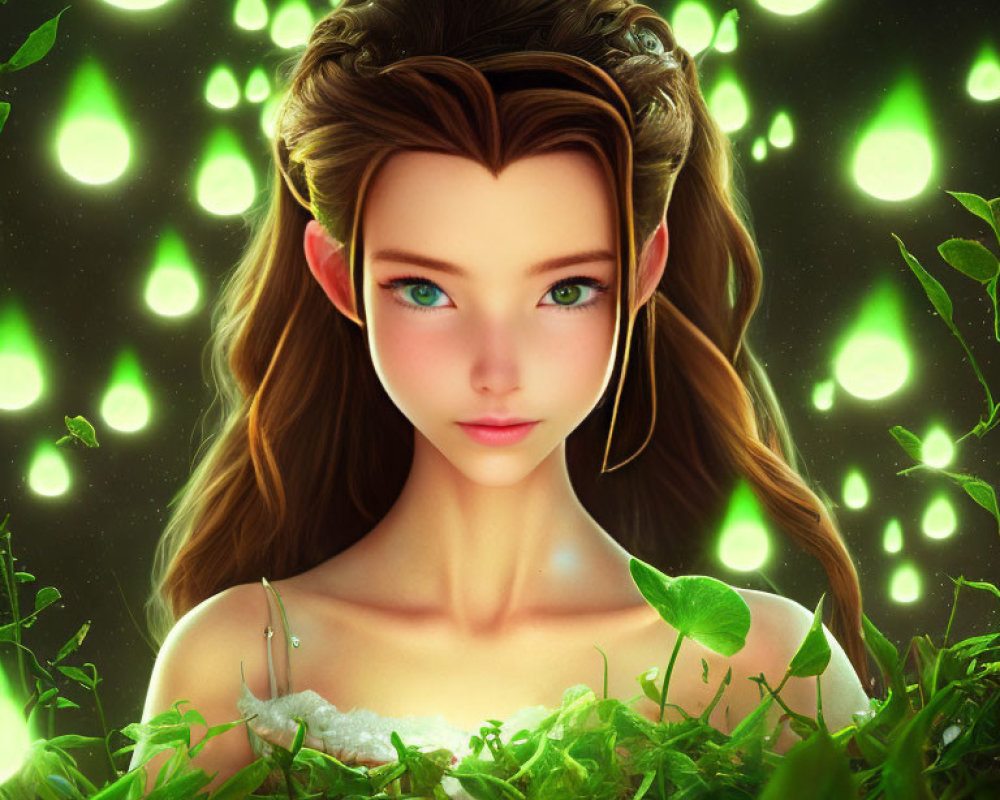 Digital illustration: Mystical female with braided hair and green eyes in enchanted forest.