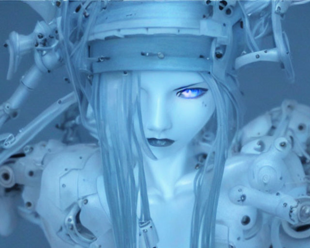 Detailed futuristic female robot with bright blue eyes in cool-toned setting