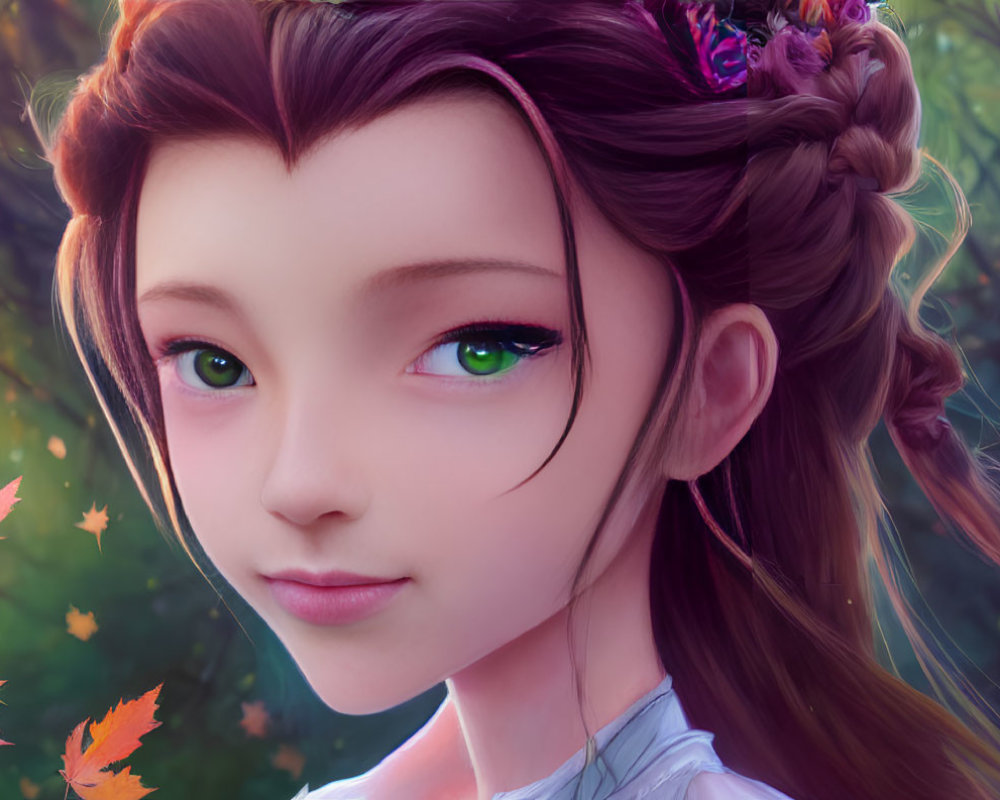 Young woman with braided hair and green eyes in autumnal digital artwork