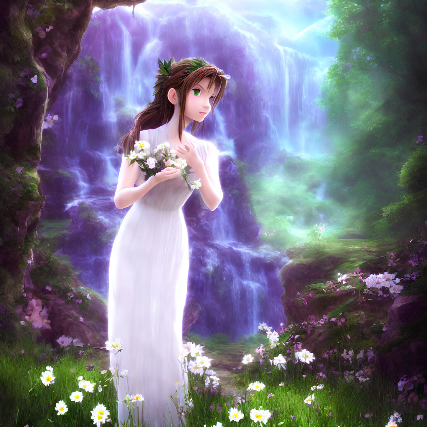 Illustration of Woman by Waterfall with Flowers
