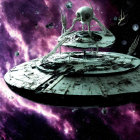 Detailed futuristic saucer spaceship with intricate design and smaller craft against a purple cosmic backdrop