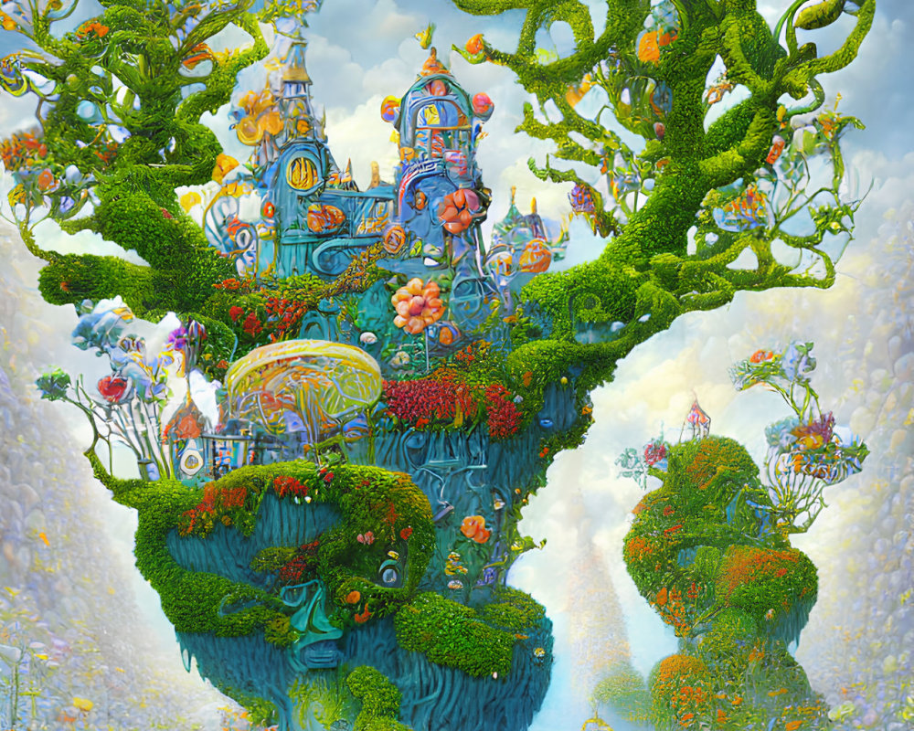 Whimsical castle on lush floating island surrounded by vibrant flora
