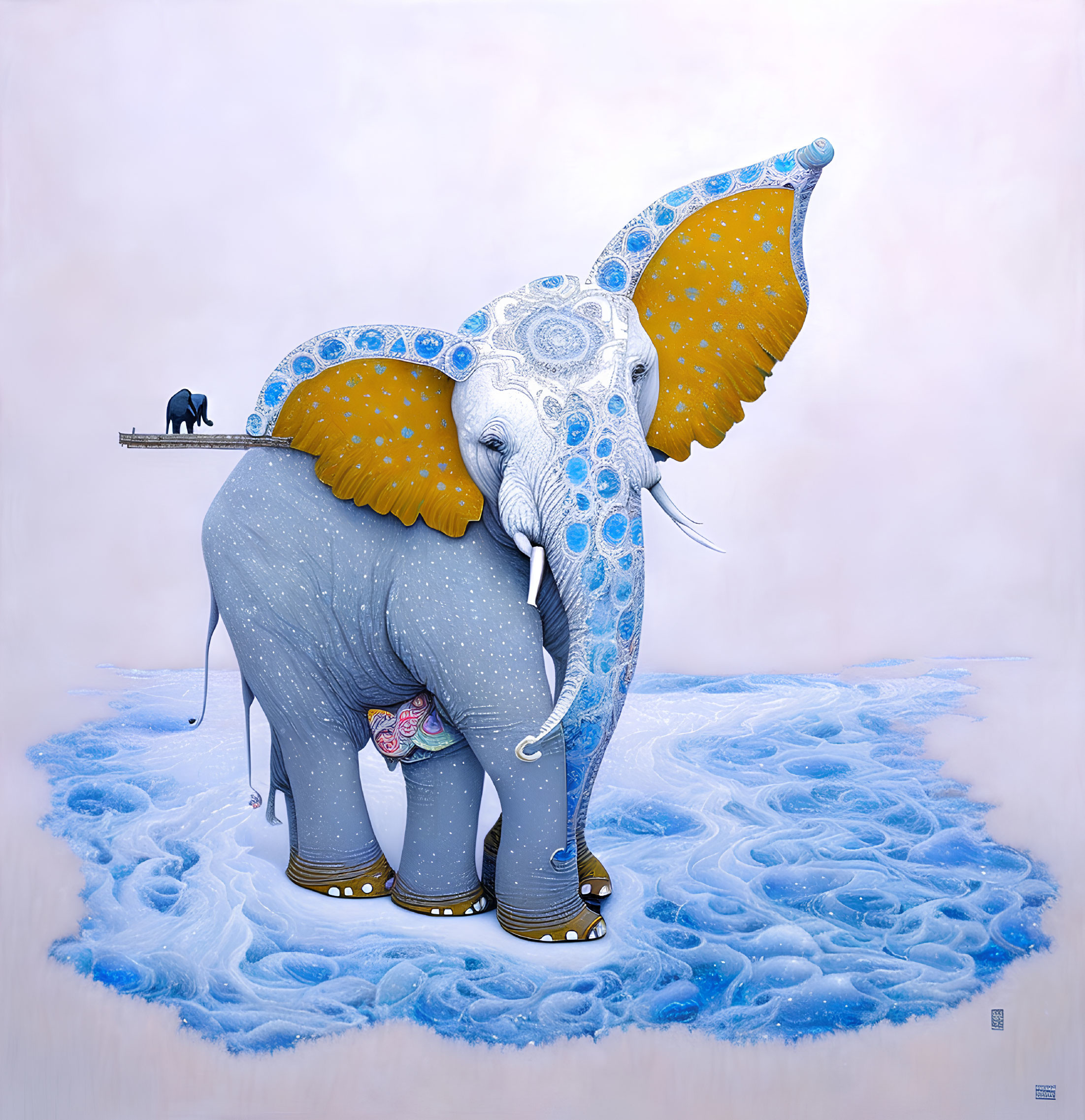 Decorated Elephant Artwork with Blue and Yellow Patterns
