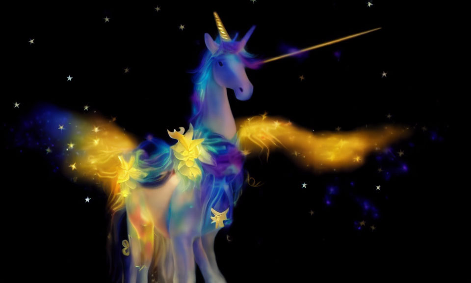 Digital artwork: Glowing unicorn with wings, stars, butterflies, shooting star