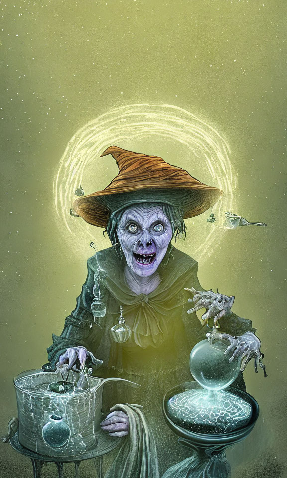 Detailed Illustration of Cackling Witch with Cauldron, Crystal Ball, Books, and Pot