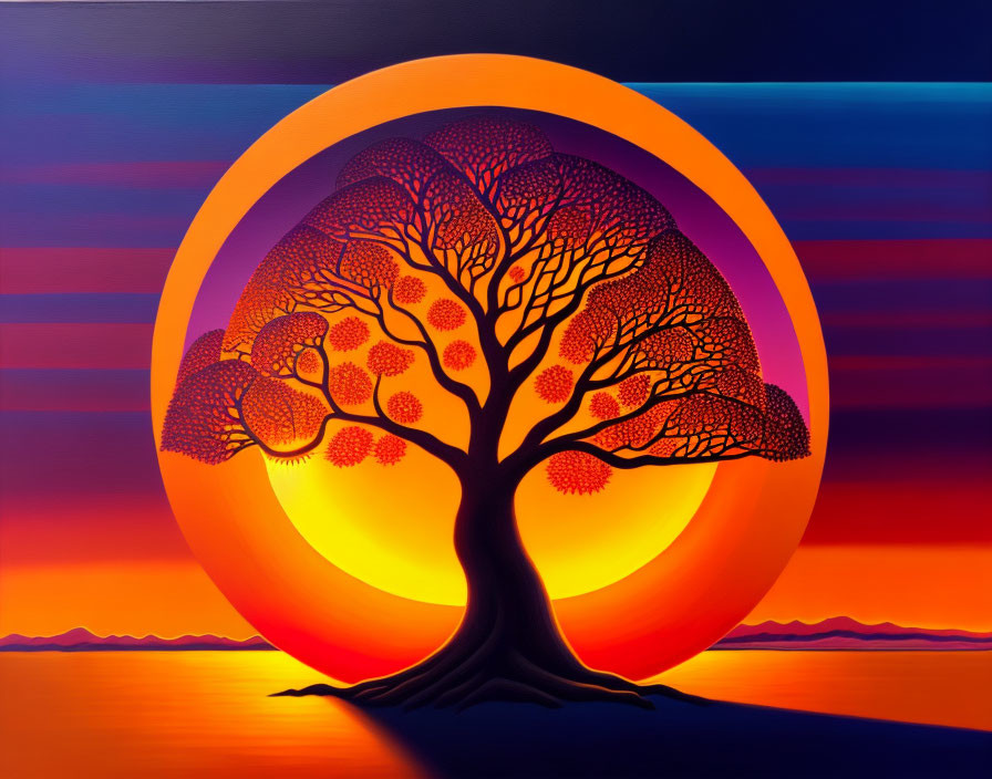 Digital artwork: Solitary tree silhouette against sunset-colored backdrop