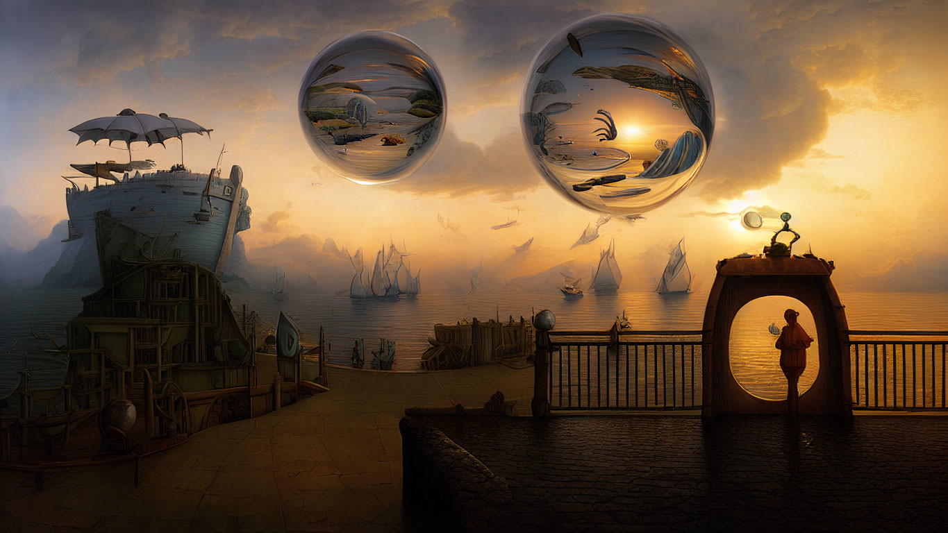 Surreal sunset seascape with ships, marine life bubbles, and lone figure.