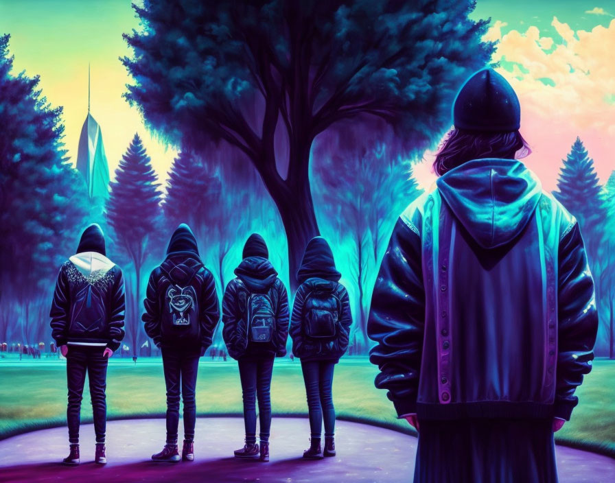 Four figures in hooded jackets in front of futuristic purple-tinted park with spires