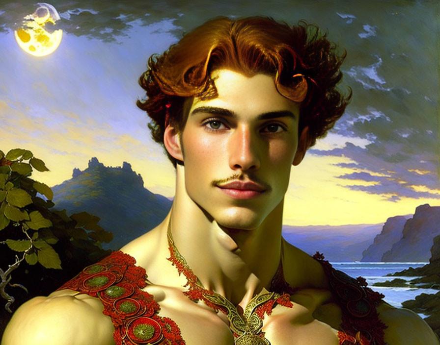 Young man with curly red hair in classical armor against a romantic seascape with crescent moon