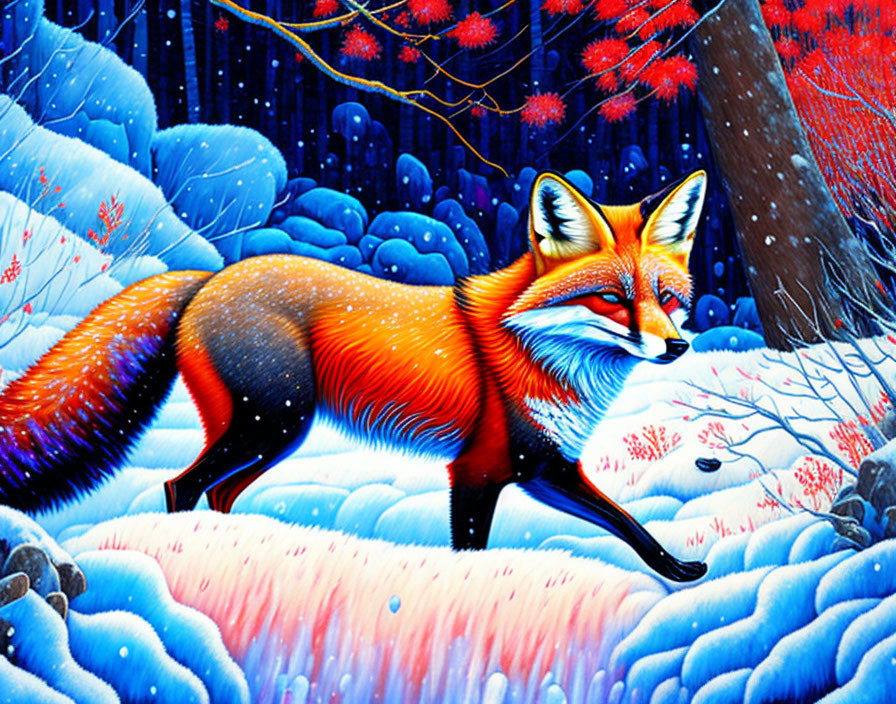 Colorful Fox in Winter Forest with Blue Snow and Red Berries