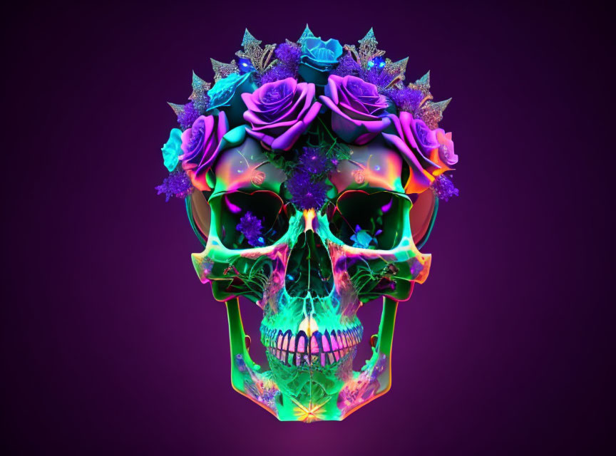 Colorful Flower Skull Illustration on Dark Purple Background