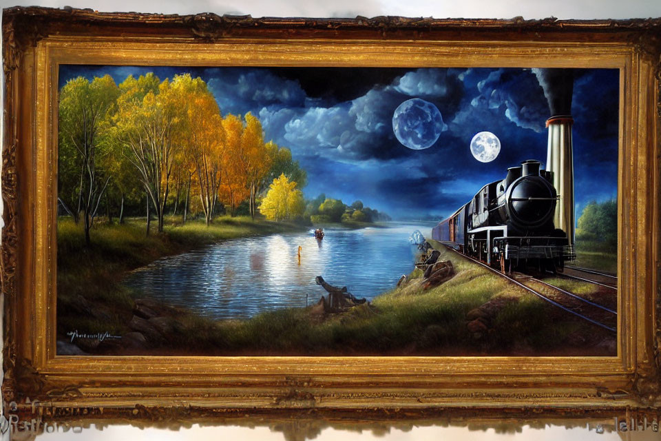 Framed painting of vintage train by river at night