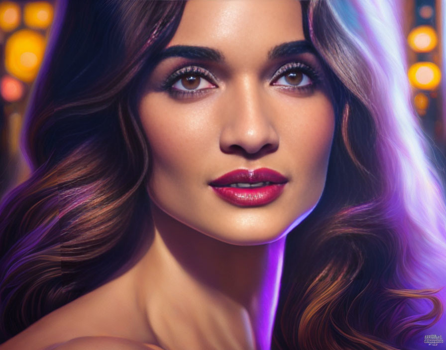 Colorful bokeh background portrait of woman with long hair and prominent makeup