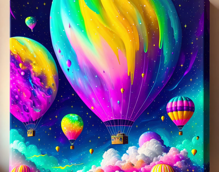 Vibrant hot air balloons in whimsical sky with flowing colors