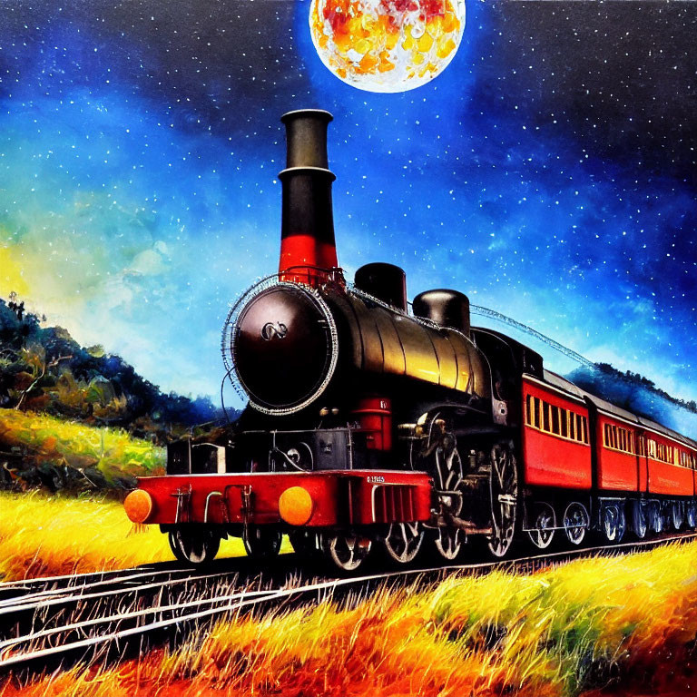Vintage steam locomotive pulling red passenger coaches through vibrant field under starry sky with large moon.