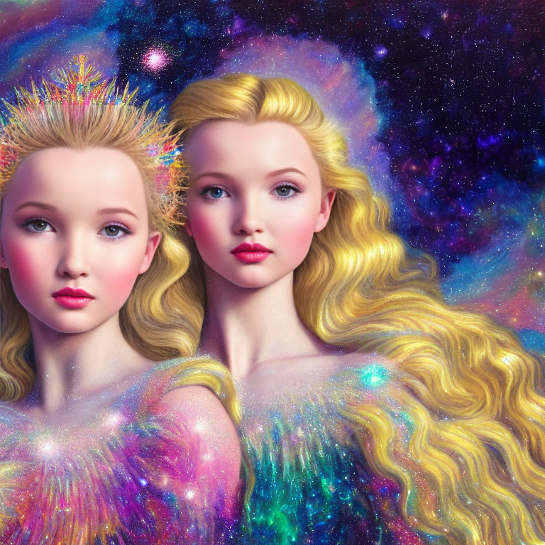 Ethereal women with golden hair in iridescent clothing on cosmic backdrop