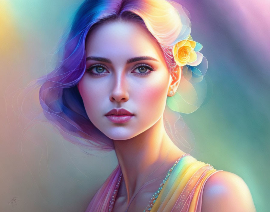 Vivid Multicolored Hair Woman Portrait with Yellow Flower