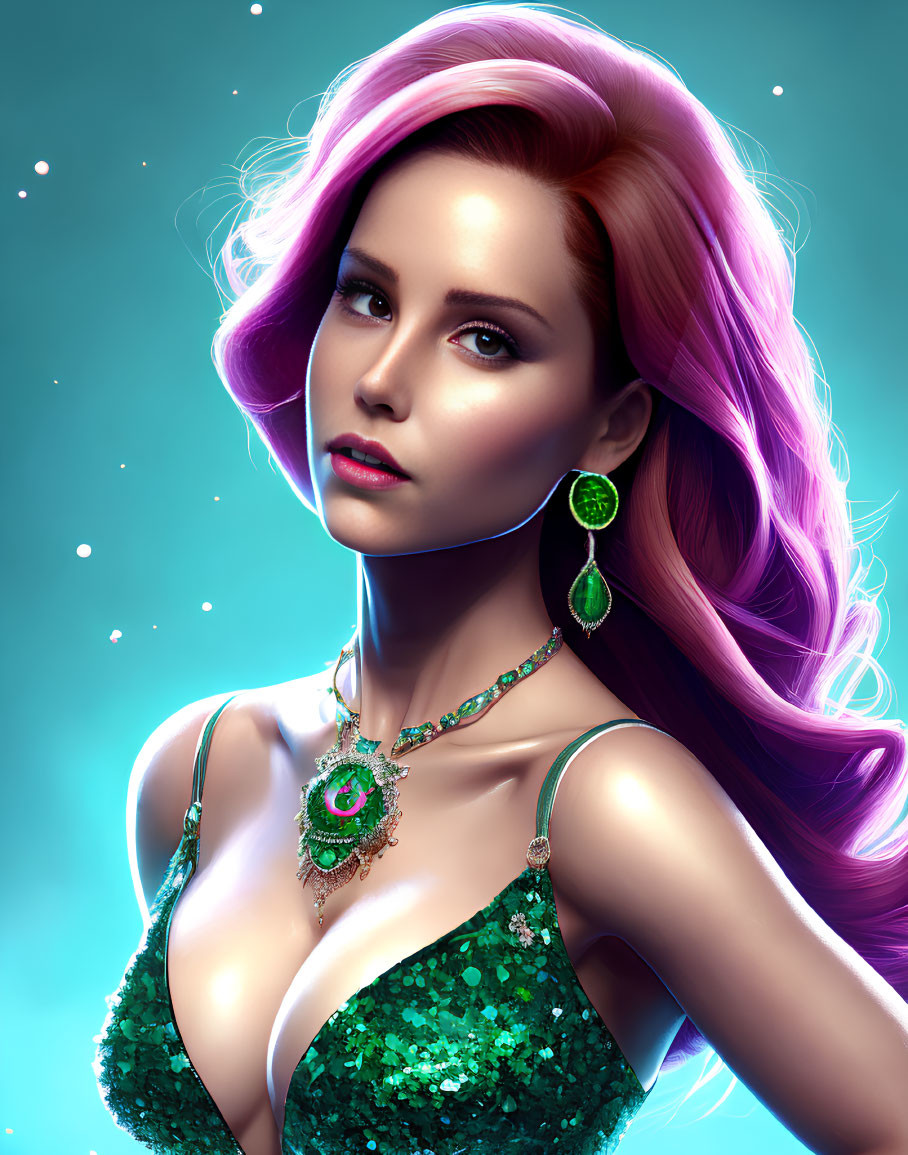Vibrant pink-haired woman in green jewelry and sequined dress on turquoise backdrop