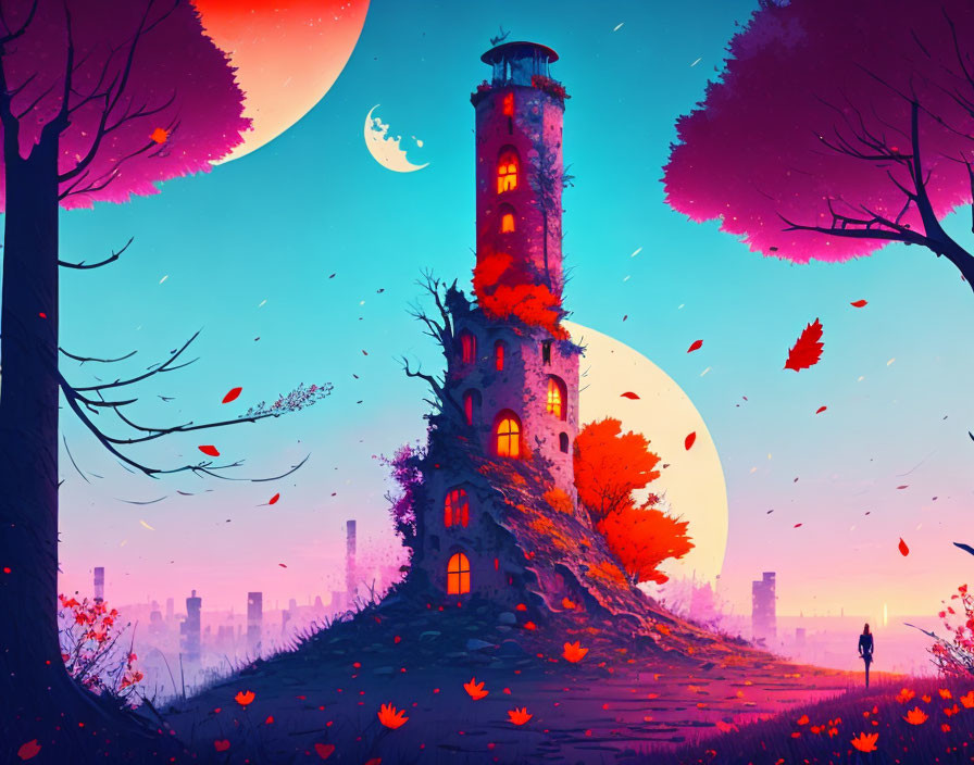 Fantasy artwork of old tower, autumn trees, two moons, lone figure