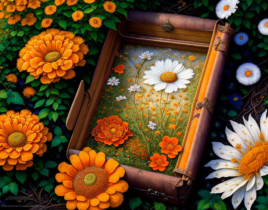 Open book surrounded by orange and white flowers merging into floral scene