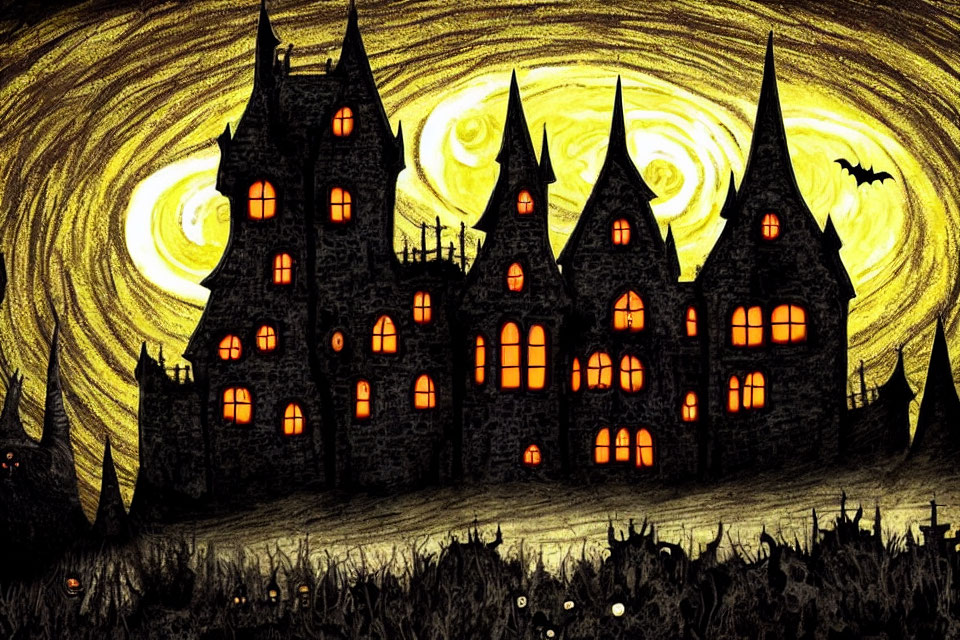Towering castle with lit windows in spooky yellow sky