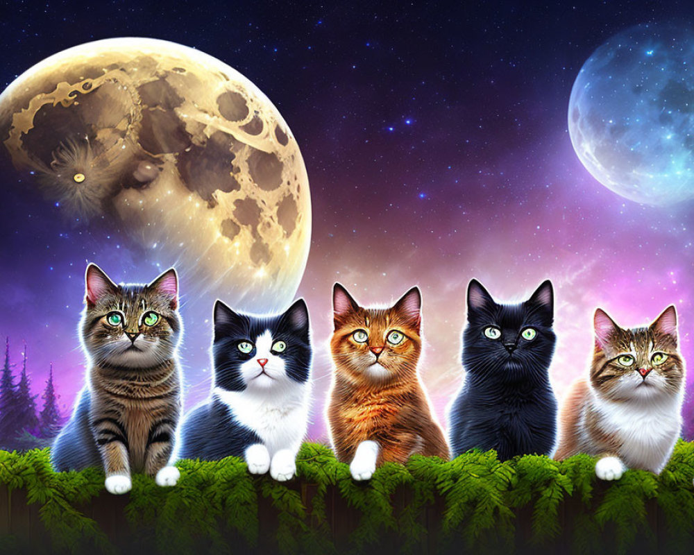 Five cats with various fur patterns under starry night sky with two moons