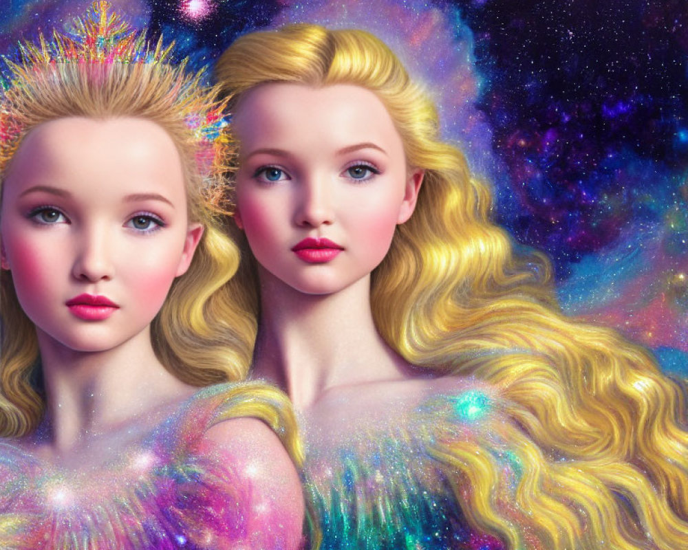 Ethereal women with golden hair in iridescent clothing on cosmic backdrop
