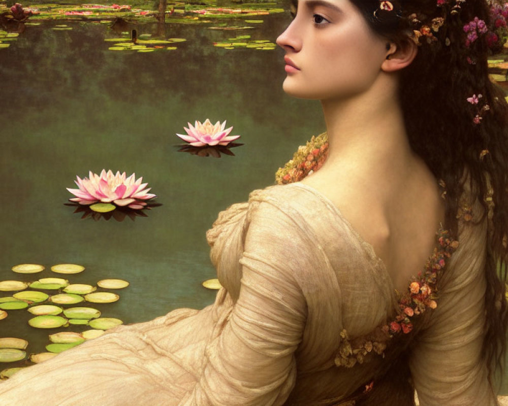 Classical portrait of woman with flowers in hair by serene pond